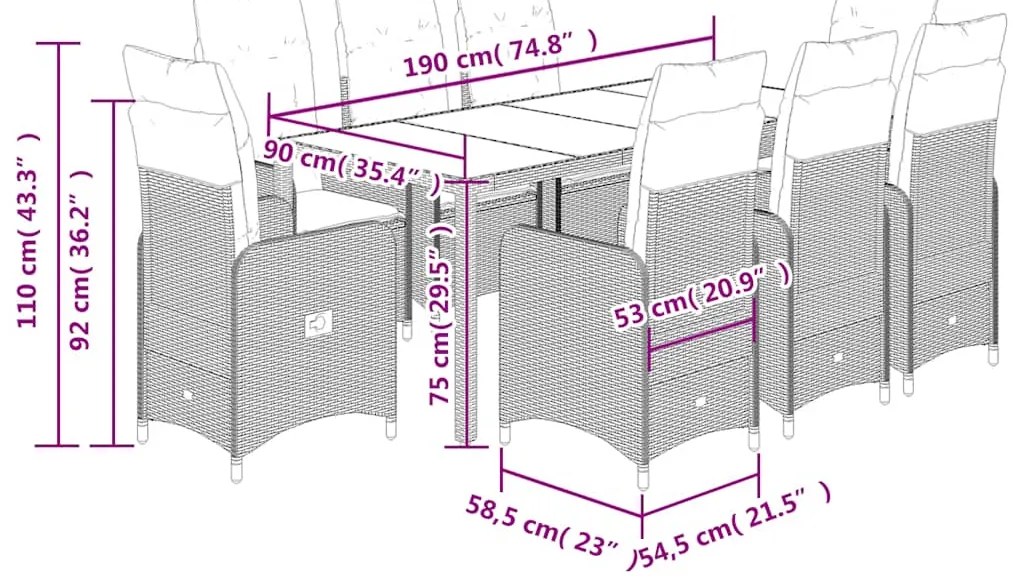 9 pcs conjunto bistrô de jardim c/ almofadões vime PE castanho