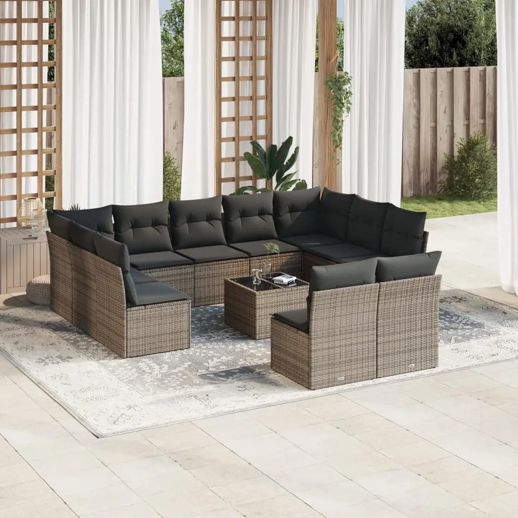 12 pcs conjunto de sofás jardim c/ almofadões vime PE cinzento