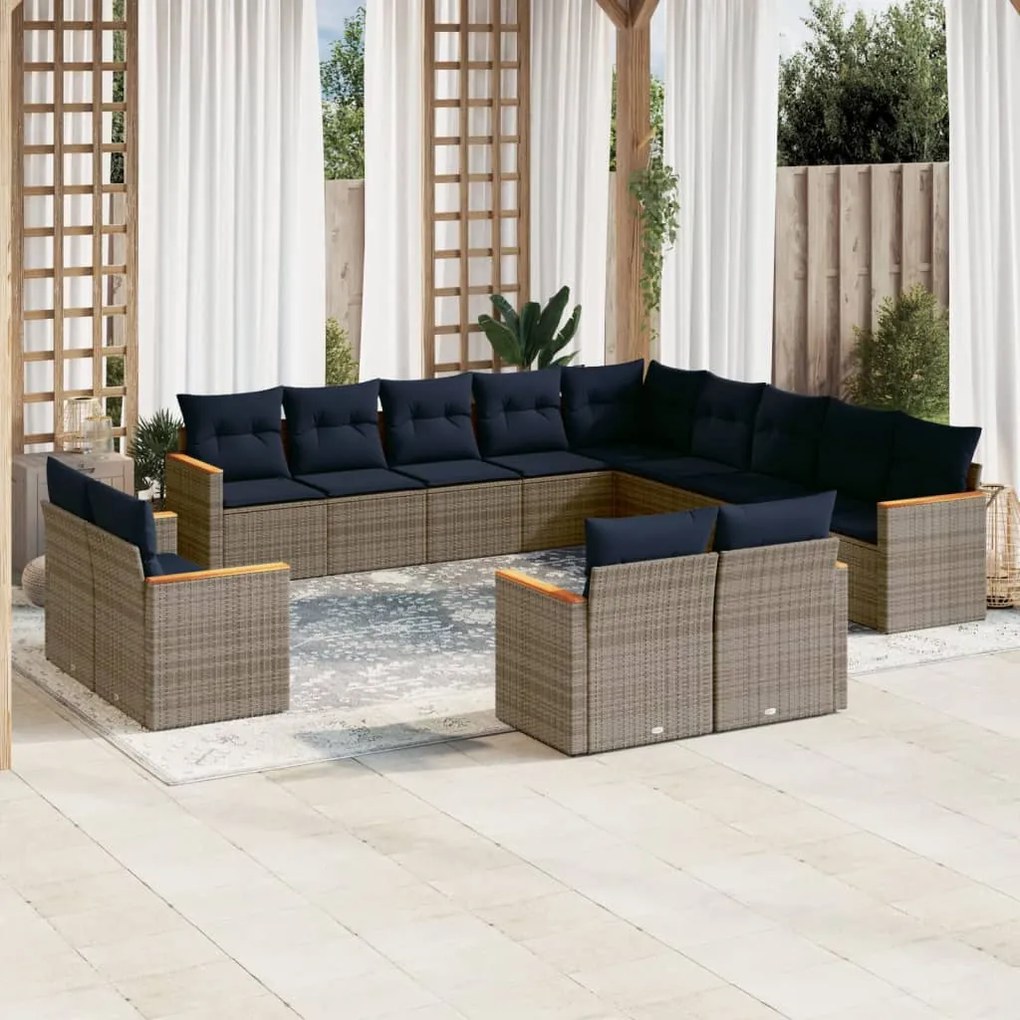 vidaXL 13 pcs conjunto sofás p/ jardim c/ almofadões vime PE cinzento