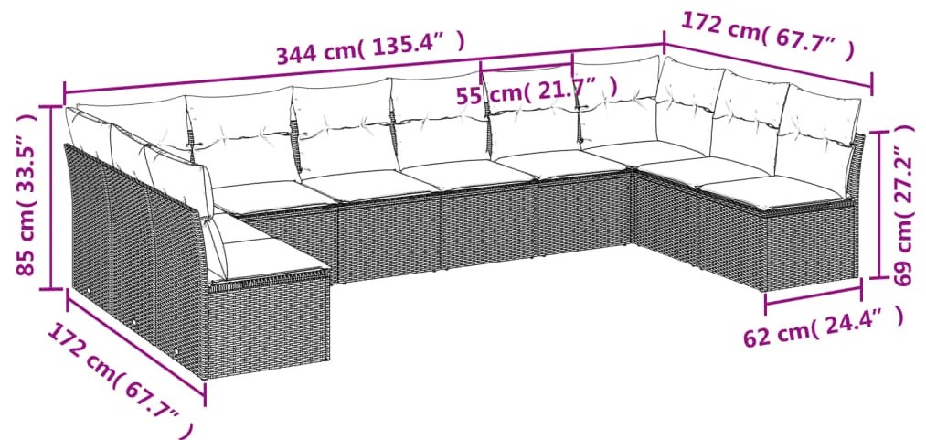10 pcs conjunto de sofás p/ jardim com almofadões vime PE bege
