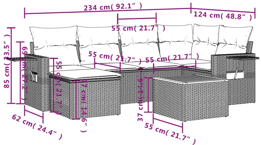 7 pcs conjunto de sofás p/ jardim com almofadões vime PE bege