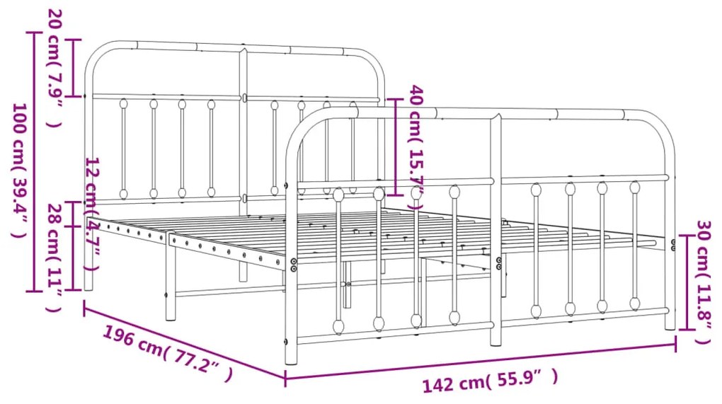 Estrutura de cama com cabeceira e pés 135x190 cm metal branco