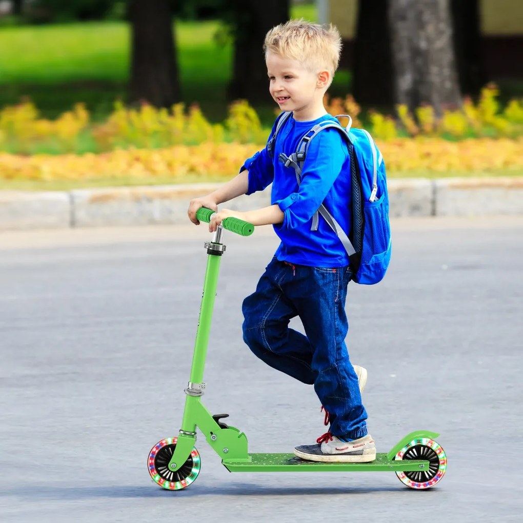 Trotinete dobrável para crianças com 2 rodas intermitentes, guiador ajustável e sistema de travagem traseiro Verde