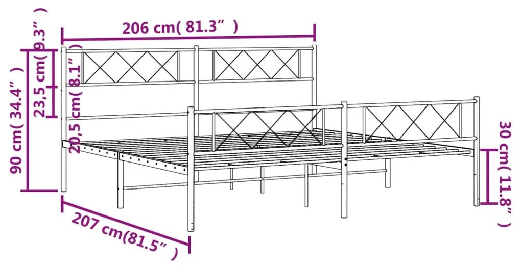 Estrutura de cama com cabeceira e pés 200x200 cm metal preto