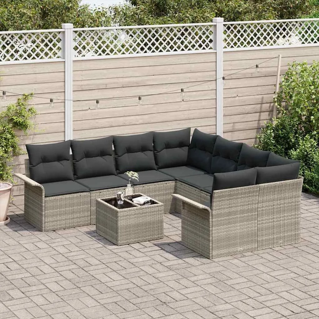 Conjunto de sofás de jardim com 9 peças e almofadas cinzas claras em r