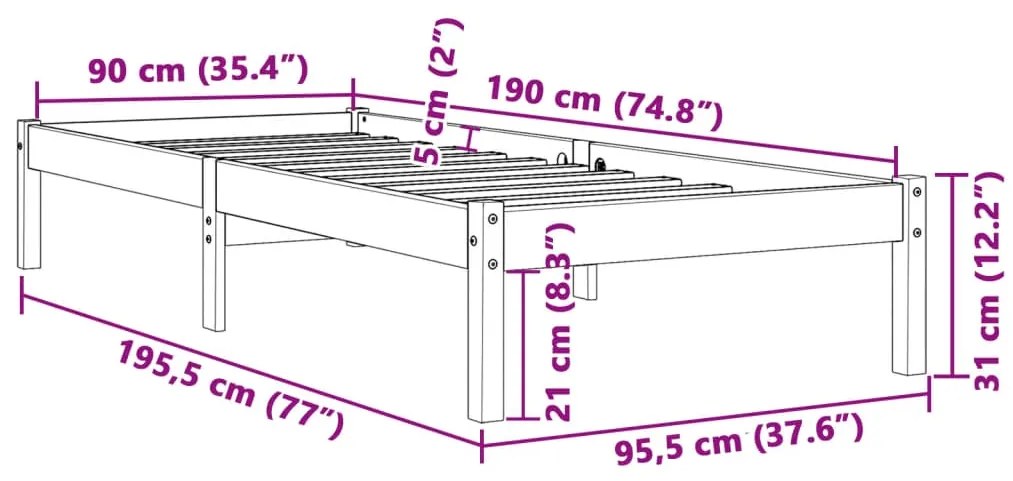 Estrutura de cama 90x190 cm madeira pinho maciça castanho cera