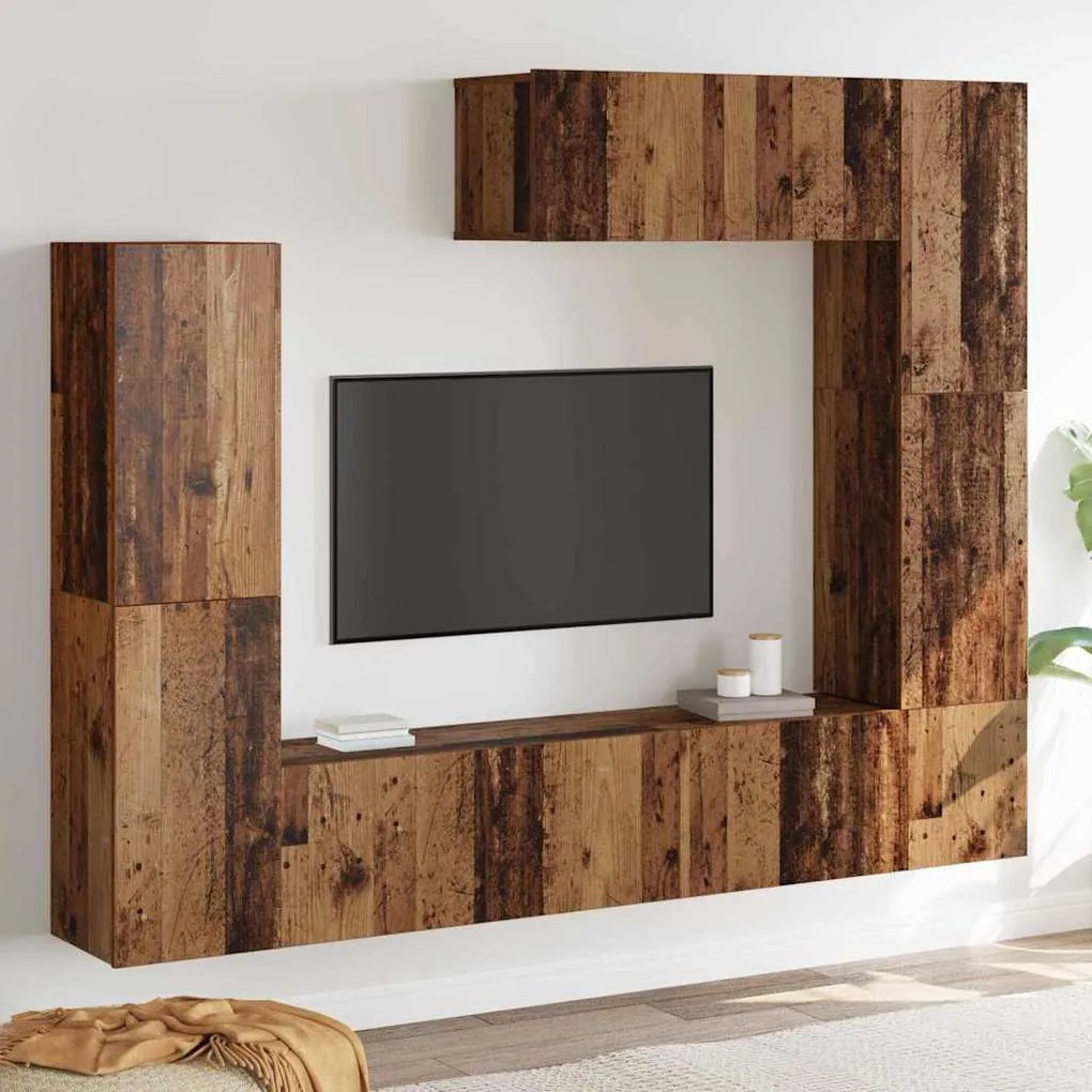 vidaXL Conjunto de Estante para TV de 7 Peças, Montada na Parede, Madeira Antiga, Madeira Revestida.