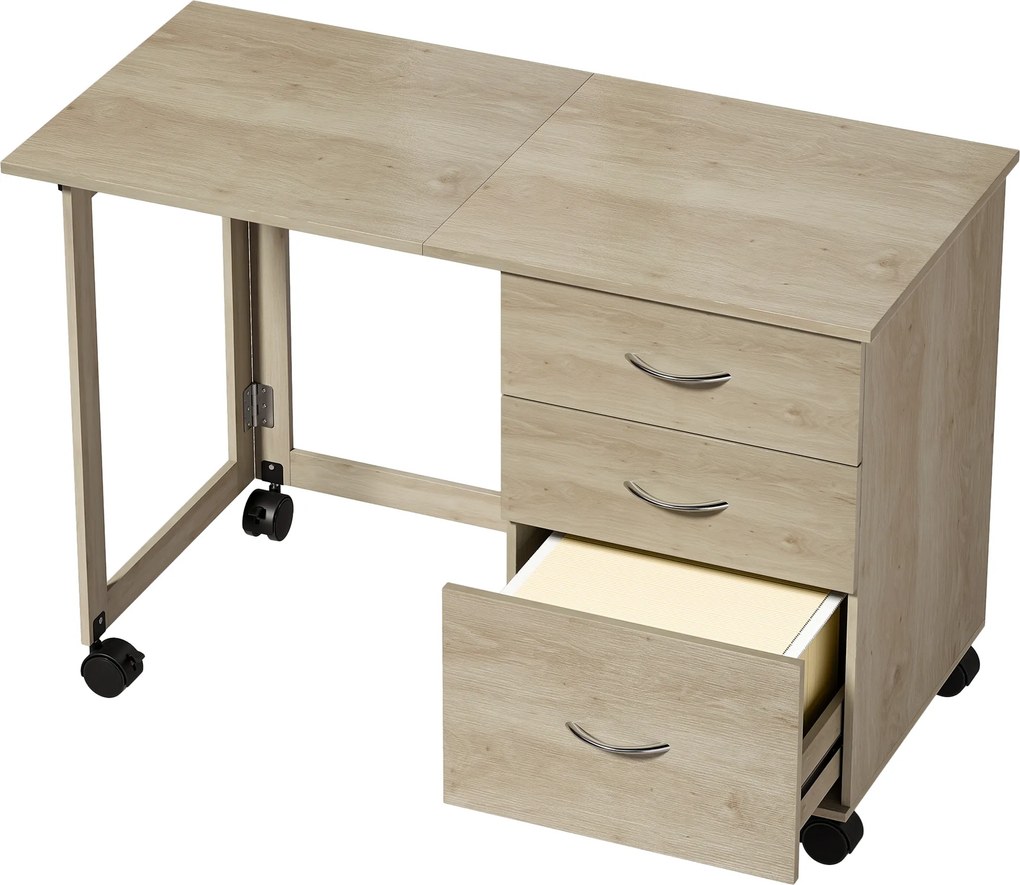 HOMCOM Secretária Dobrável com Rodas com Travão, 3 Gavetas e Tampo Rebatível, Design Moderno, 107x50x72 cm, Carvalho | Aosom Portugal