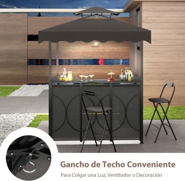 Tenda jardim com mesa de bar e 2 cadeiras dobráveis com prateleiras de metal para jardim 193 x 117 x 240 cm cinza