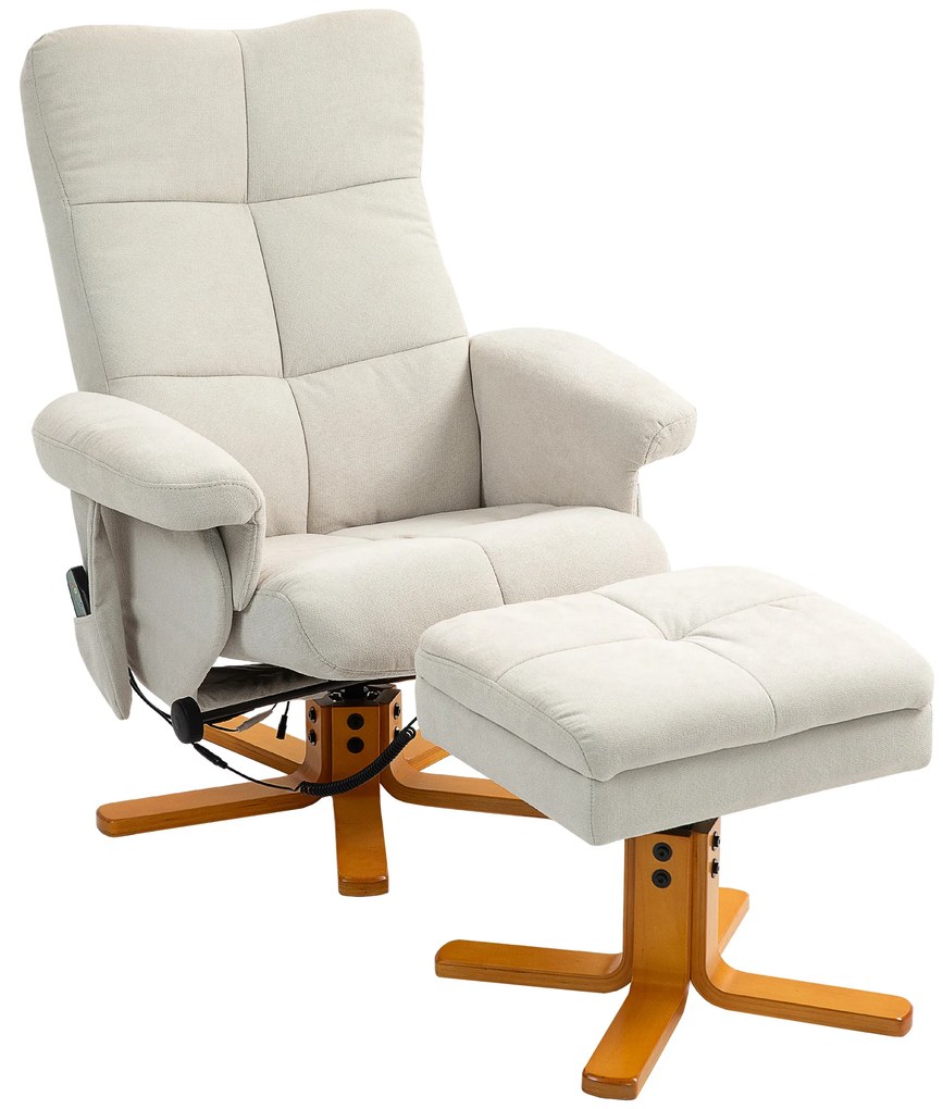 HOMCOM Poltrona de Massagem com Função deitada e Apoio para Os Pés Inclinação de 145° Poliéster 80x86x99 cm Branco Creme | Aosom Portugal