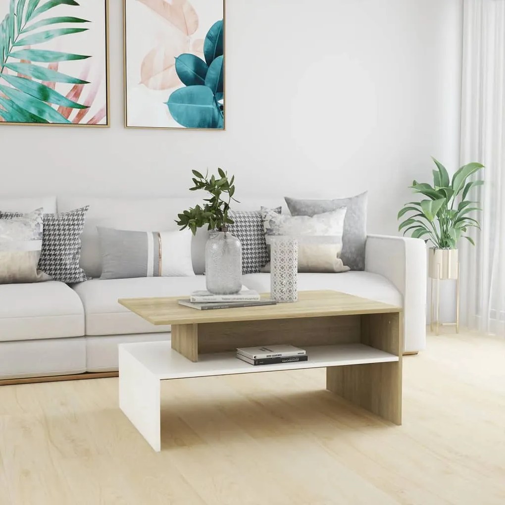 vidaXL Mesa de centro 90x60x42,5 cm contraplacado cor branco/sonoma