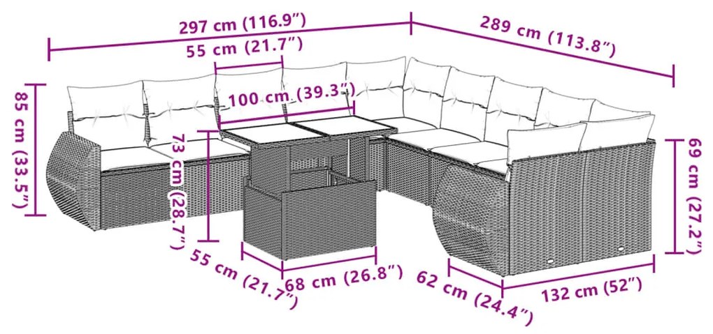 11 pcs conjunto sofás de jardim c/ almofadões vime PE bege