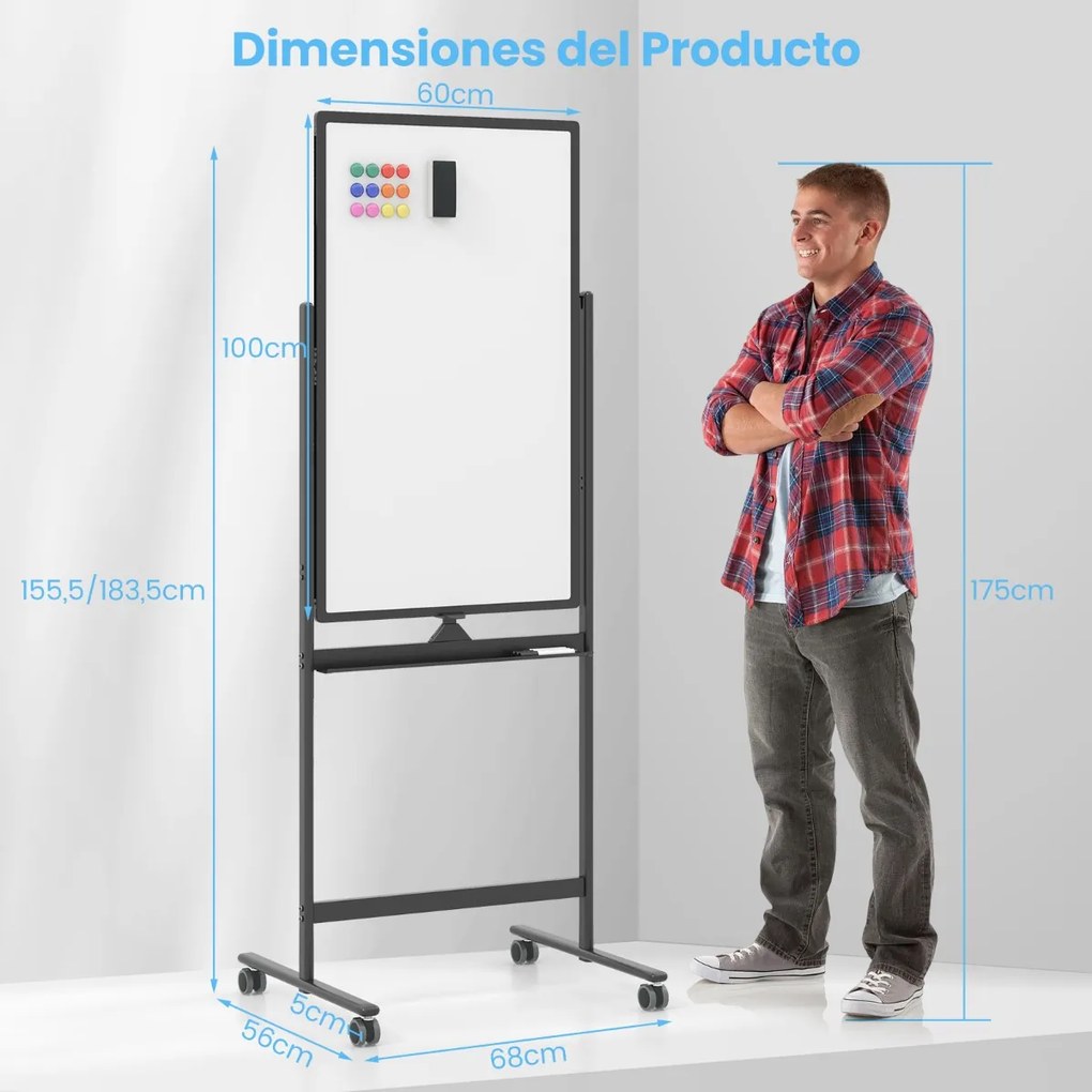 Quadro branco magnético móvel 60 x 100 cm Quadro branco seco de dupla face com suporte sobre rodas Altura ajustável para escritório Escola Preto