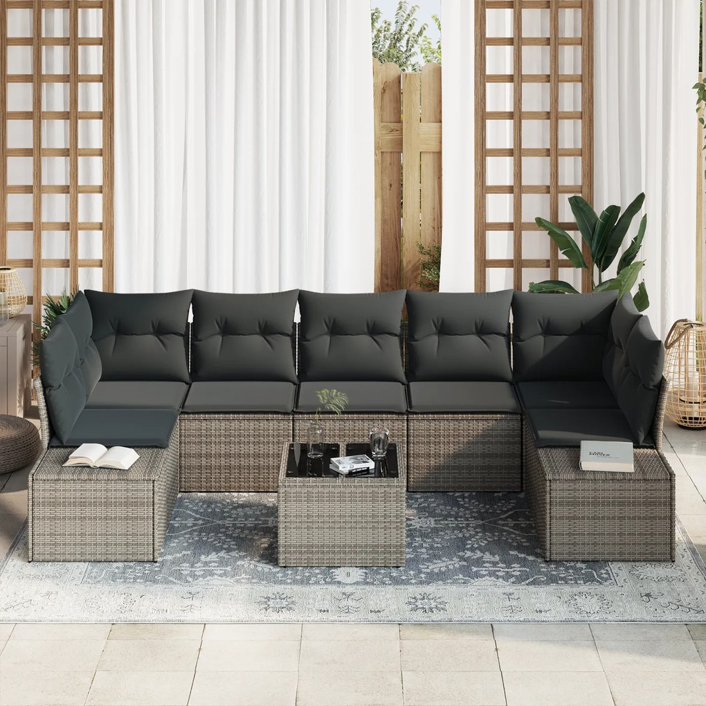 Conjunto de Sofá de Jardim de 8 Peças com Almofadas Cinza Rattan Polié
