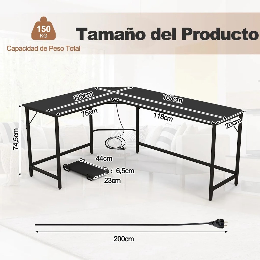 Secretária em forma de L com tomada eléctrica Suporte para CPU de 168 cm e estrutura metálica robusta para o escritório Preto