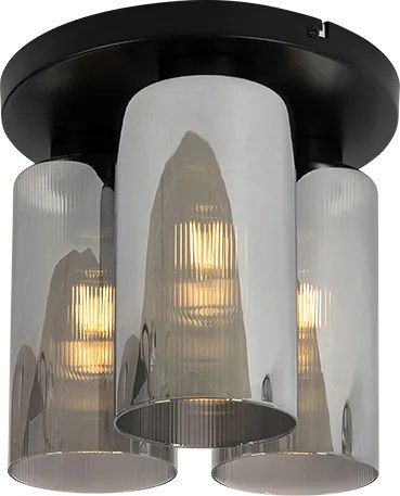 Candeeiro de tecto Art Deco preto com vidro fumê 3 luzes - Laura