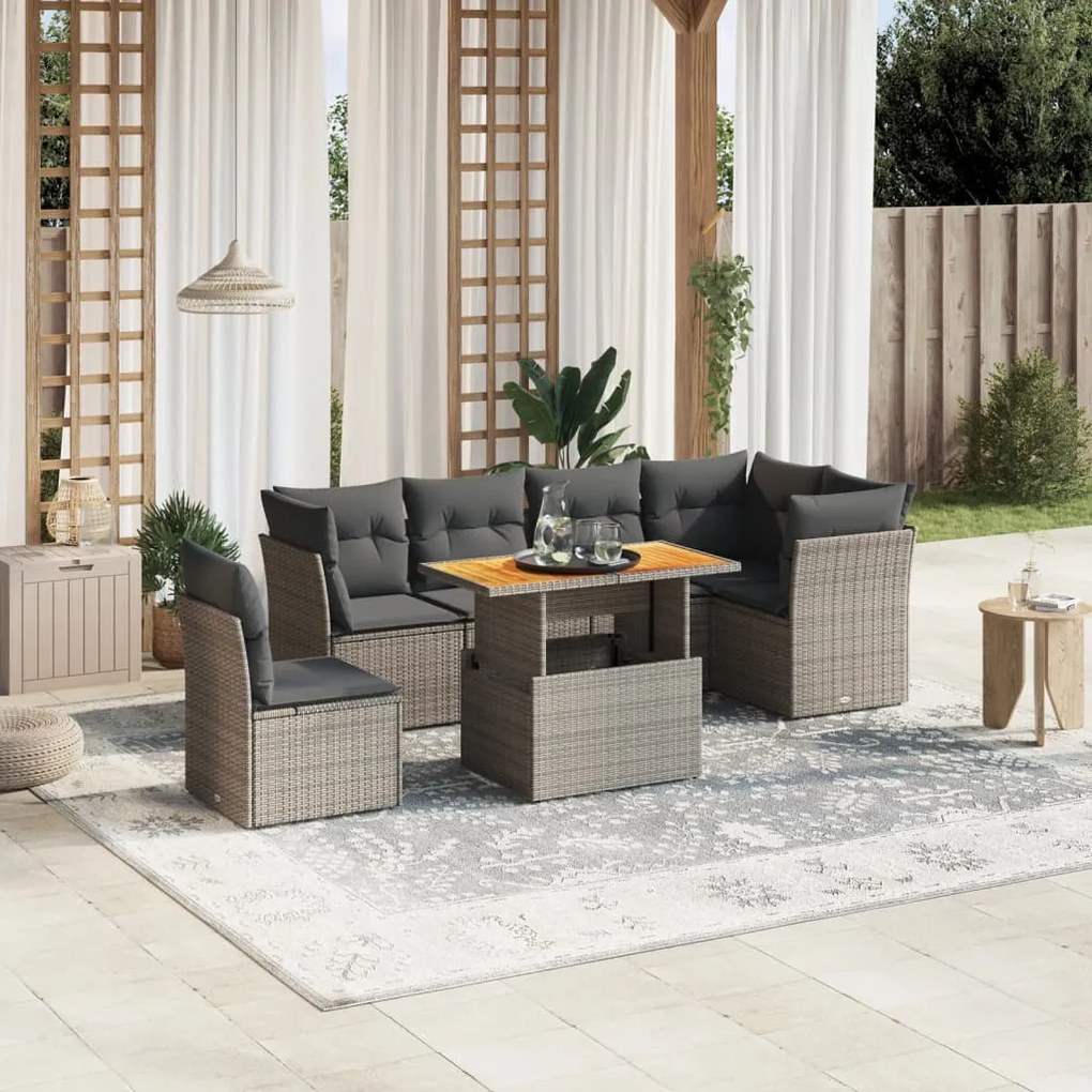 7 pcs conjunto sofás p/ jardim c/ almofadões vime PE cinzento
