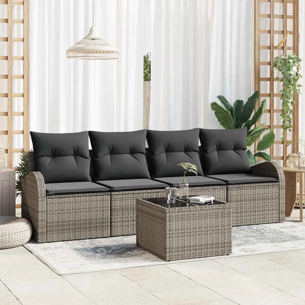 vidaXL Conjunto de Sofá de Jardim de 5 Peças com Almofadas em Polirattan Cinza