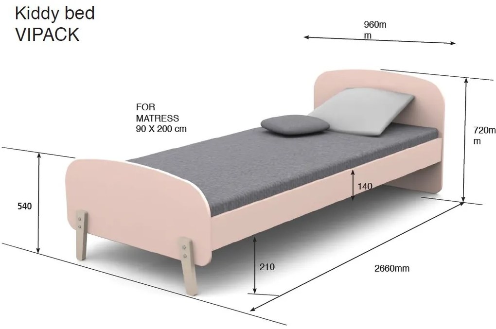 Cama infantil KIDDY (90x200)+ estrado feita de MDF com pés em pinho maciço Verde Menta