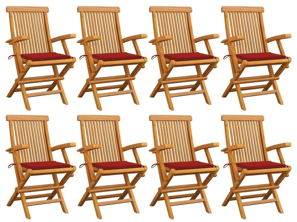 3072895 vidaXL Cadeiras de jardim c/ almofadões vermelhos 8 pcs teca maciça