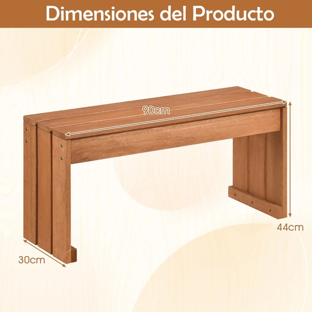 Banco de madeira sem encosto para jardim 90 x 30 x 44 cm, com 2 lugares, capacidade de 200 kg, ideal para pátio, terraço, alpendre ou entrada Natural