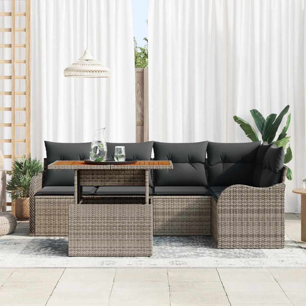 Conjunto de Sofás de Jardim 6 Peças com Almofadas Cinza Rattan Poliést