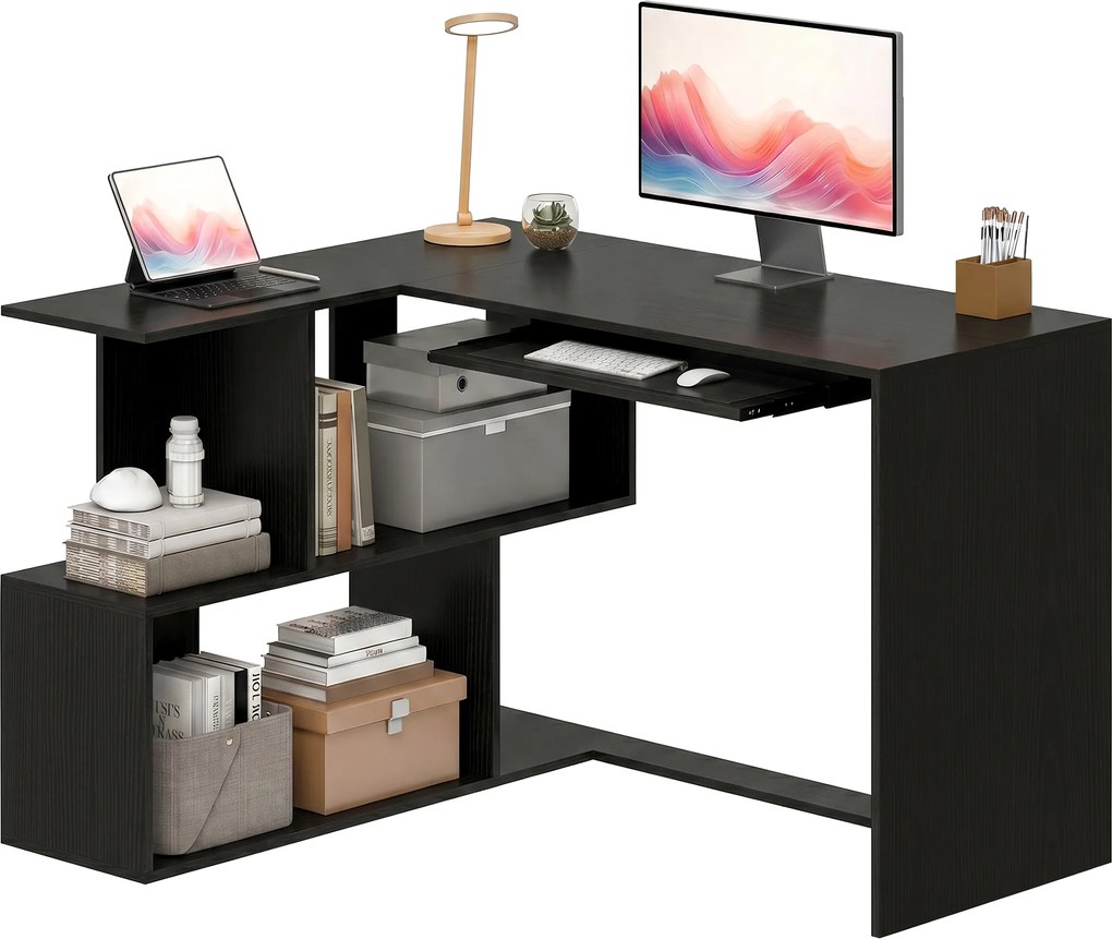 Secretária de canto, 120 x 100 x 76 cm, secretária em L para computador com suporte para teclado, 4 compartimentos abertos, preta