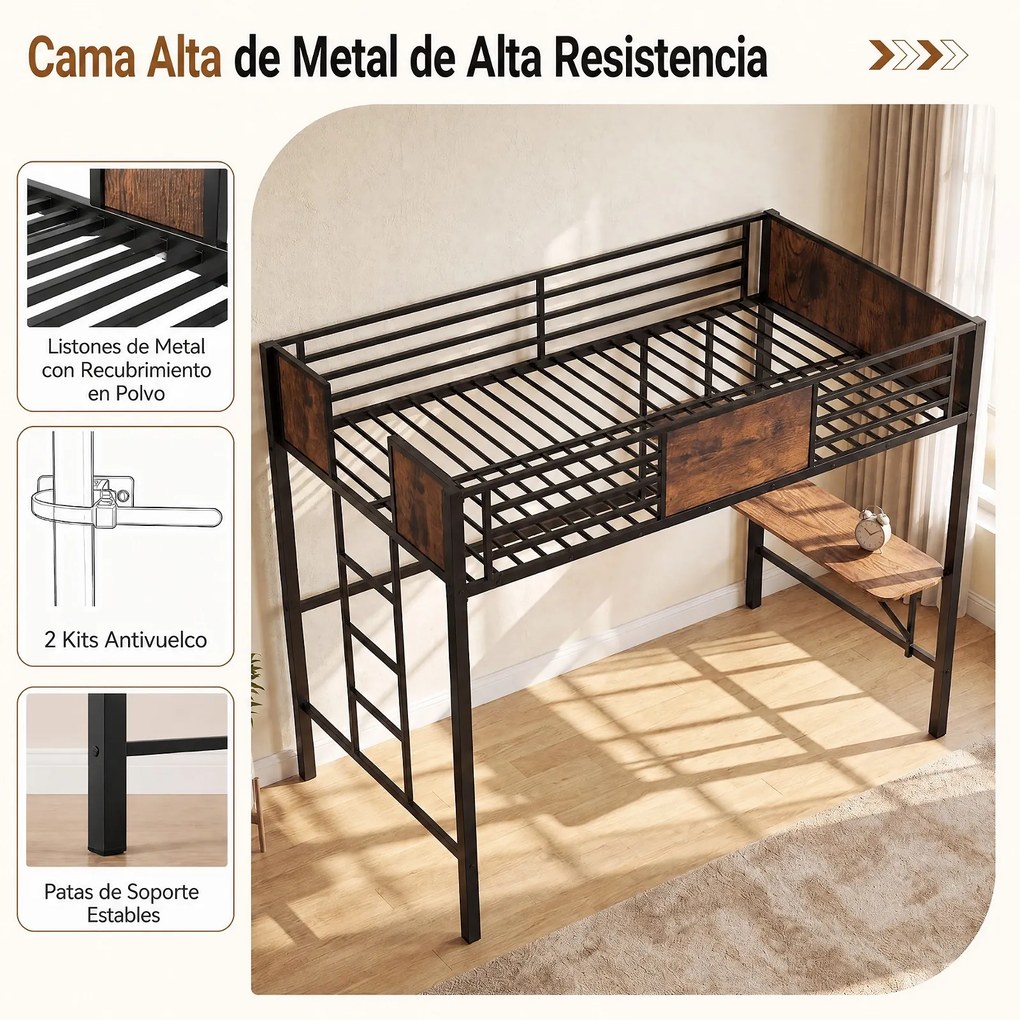 Cama infantil Alta com Secretária, 208 x 94 x 174 cm, Estrutura Metálica Reforçada, Castanho+Preto