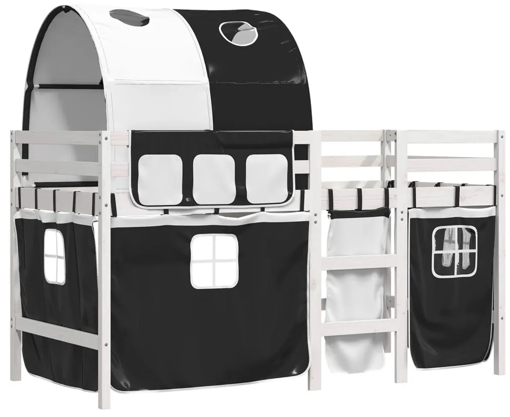Cama alta criança c/ túnel 80x200 cm pinho maciço branco/preto