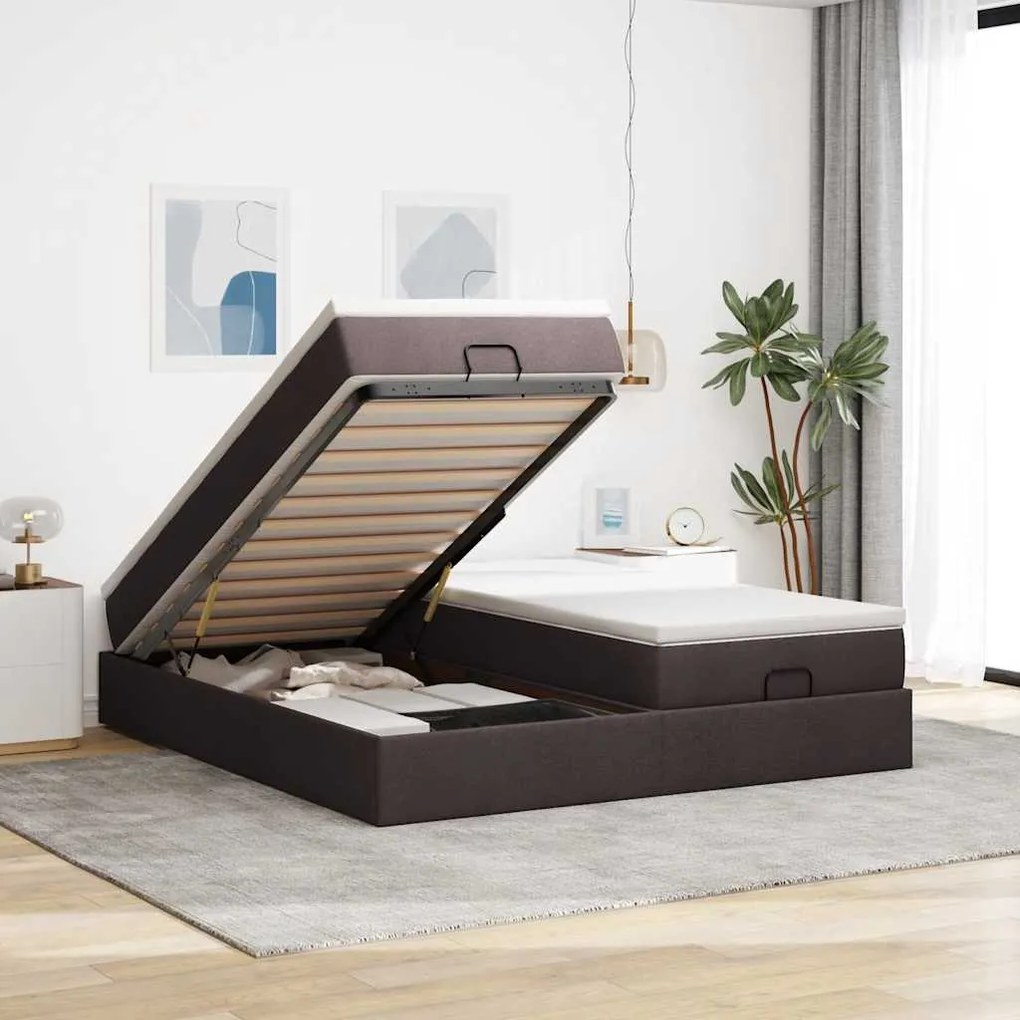 Estrutura de cama otomana com colchões tecido castanho escuro