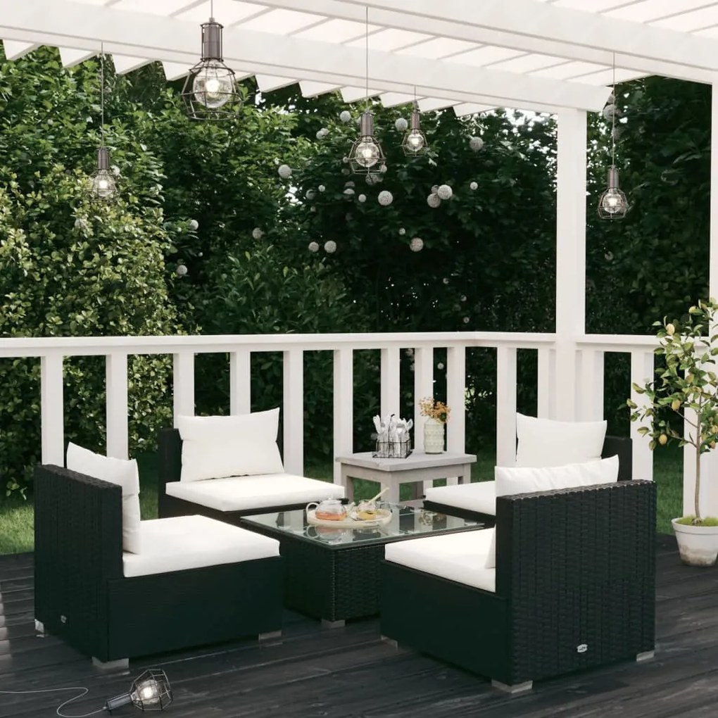vidaXL 5 pcs conjunto lounge de jardim c/ almofadões vime PE preto