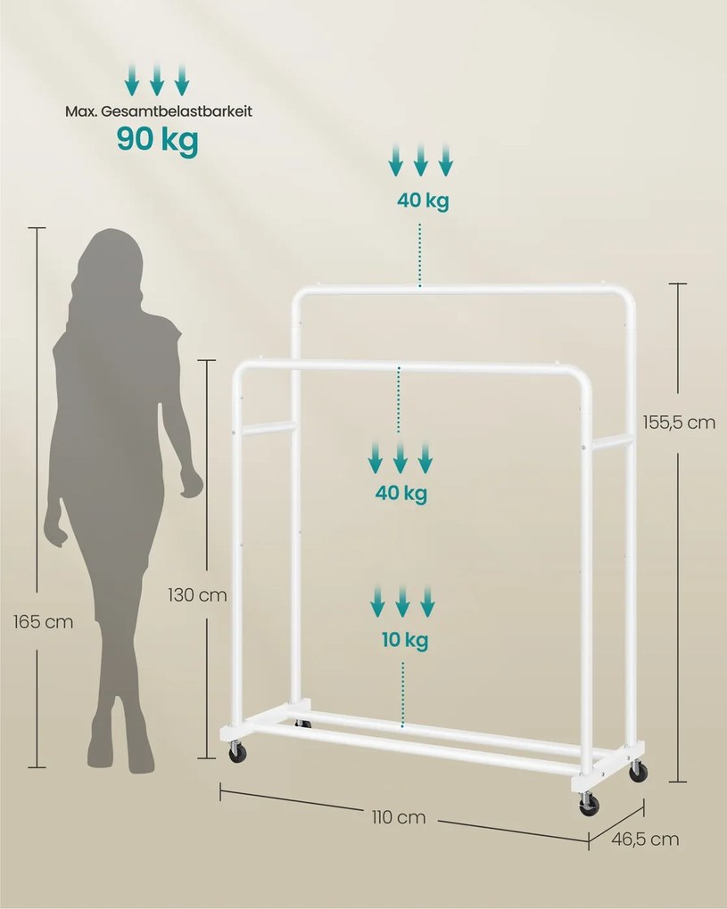 Guarda roupa Cabideiro 46,5 x 110 x 155,5 cm com rodas para arrumação flexível, branco mate