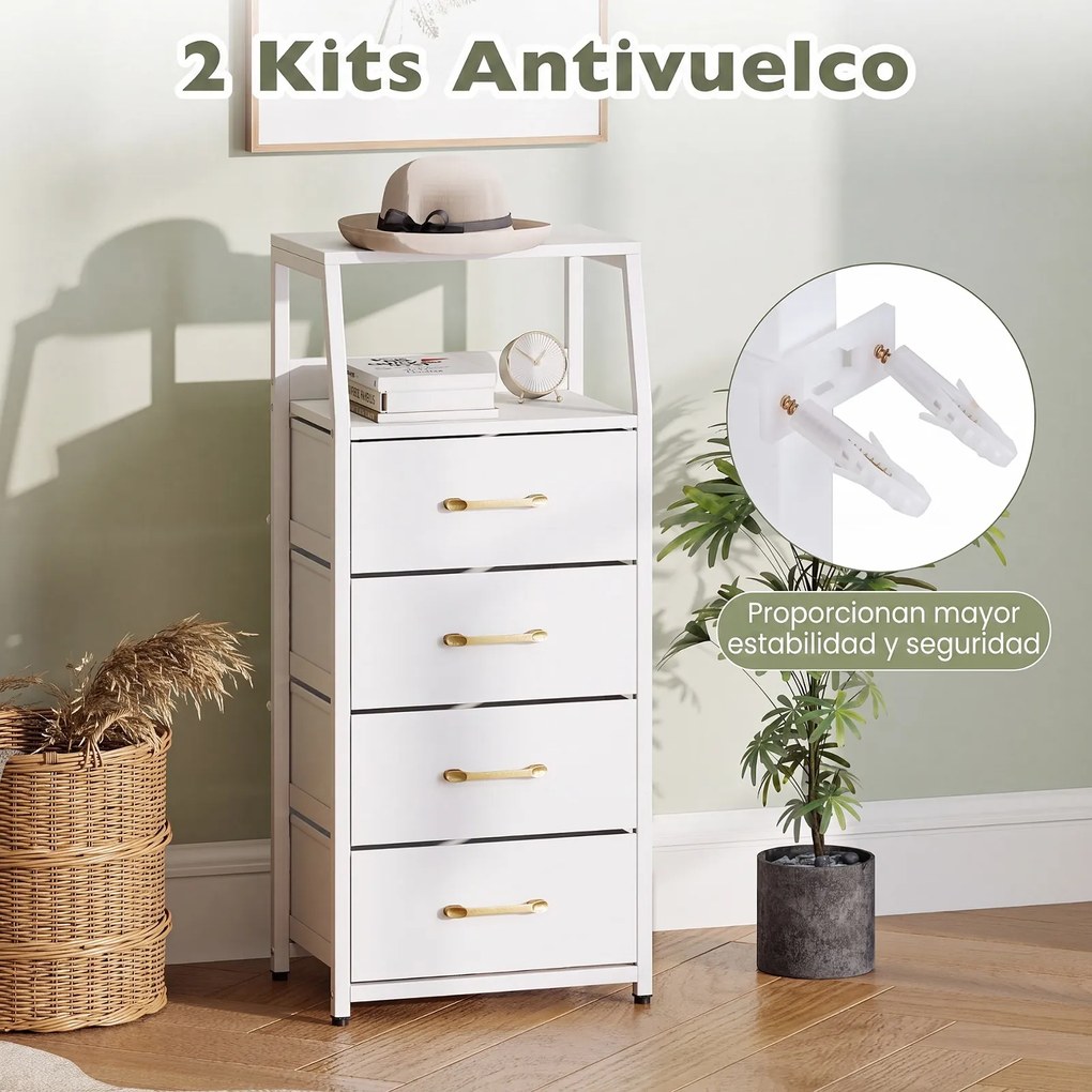 Cómoda de 4 Gavetas, 40,5 x 29 x 94 cm, Gavetas de Tecido Removíveis, Branco