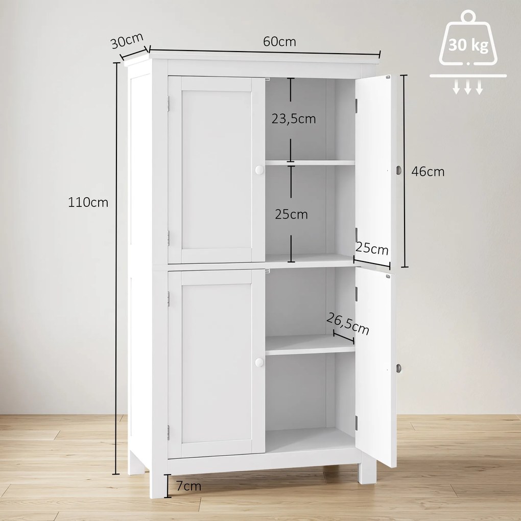 Armário de Casa de Banho, 60 x 30 x 110 cm, 4 Portas e Prateleiras Reguláveis, Branco