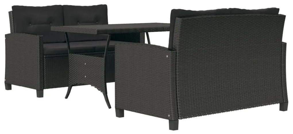 3 pcs conjunto de jantar p/ jardim c/ almofadões vime PE preto
