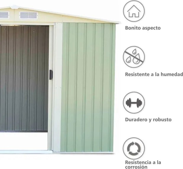 Abrigo Jardim com porta deslizante e telhado de duas águas galvanizado com ventilação 205 x 257 x 175,5 cm Verde claro