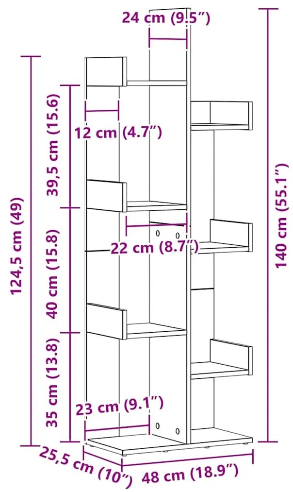 estante vidaXL preta em carvalho, 48x25,5x140 cm, madeira técnica