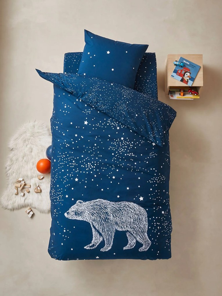 Agora -30%: Conjunto capa de edredon com detalhes fosforescentes + fronha de almofada para criança, tema Urso Polar azul escuro liso com motivo