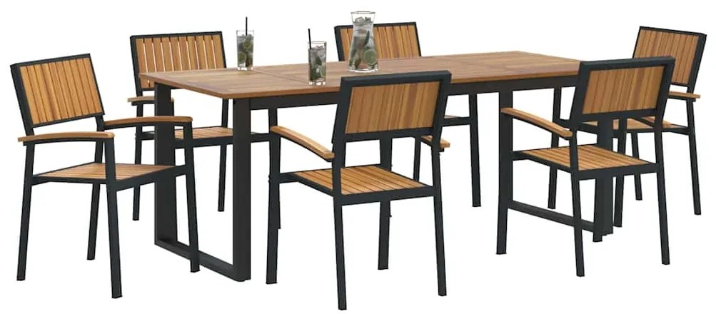 Conjunto de Jantar de 7 Peças em Aço Preto e Madeira de Acácia