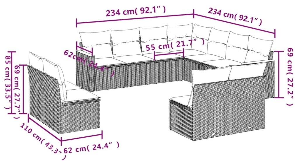 11 pcs conjunto sofás de jardim c/ almofadões vime PE bege