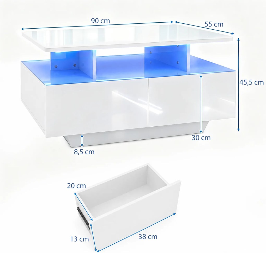 Mesa de Centro, 90 x 55 x 45,5 cm, Iluminação LED Regulável, Branco