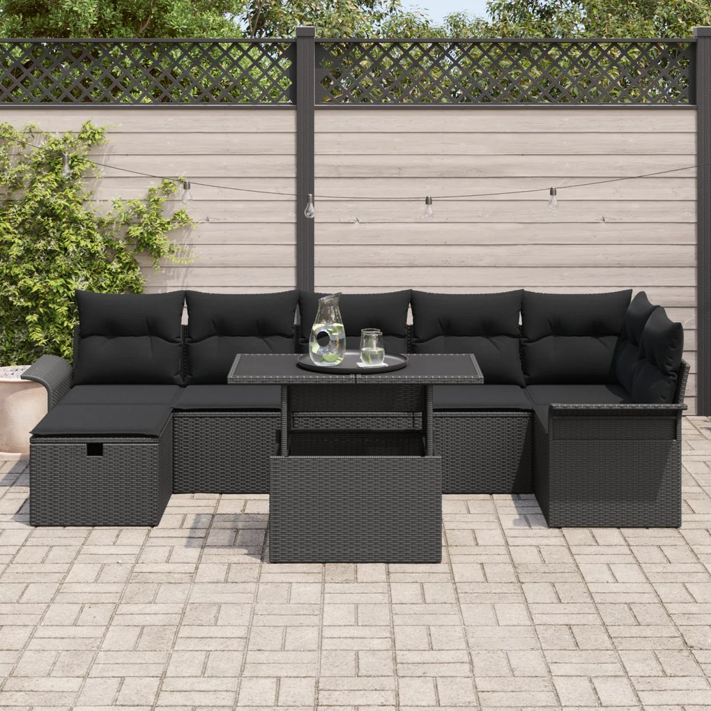 Conjunto de Sofá de Jardim de 8 Peças com Almofadas Preto Rattan Sinté