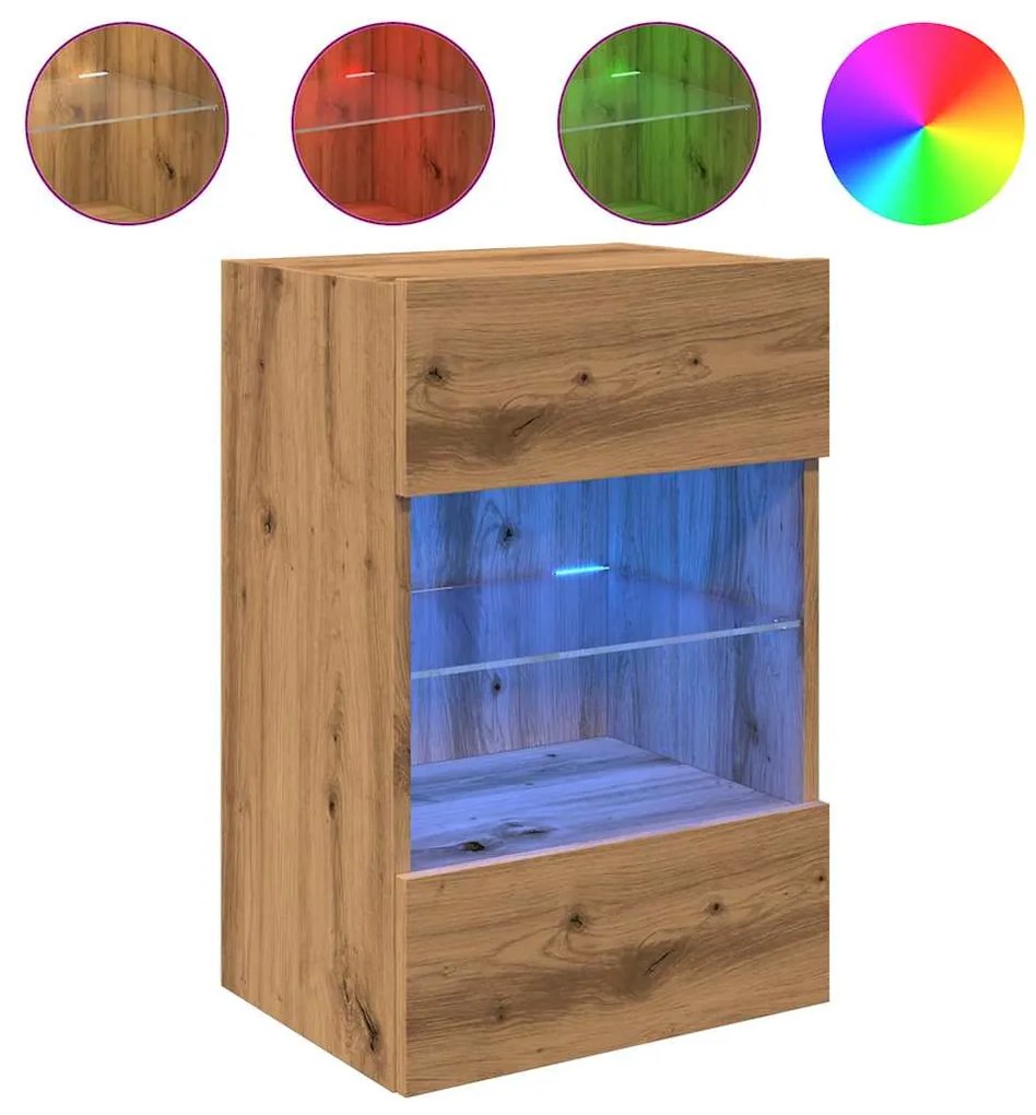 Armários de parede com luzes LED para TV 2 pcs carvalho artesanal