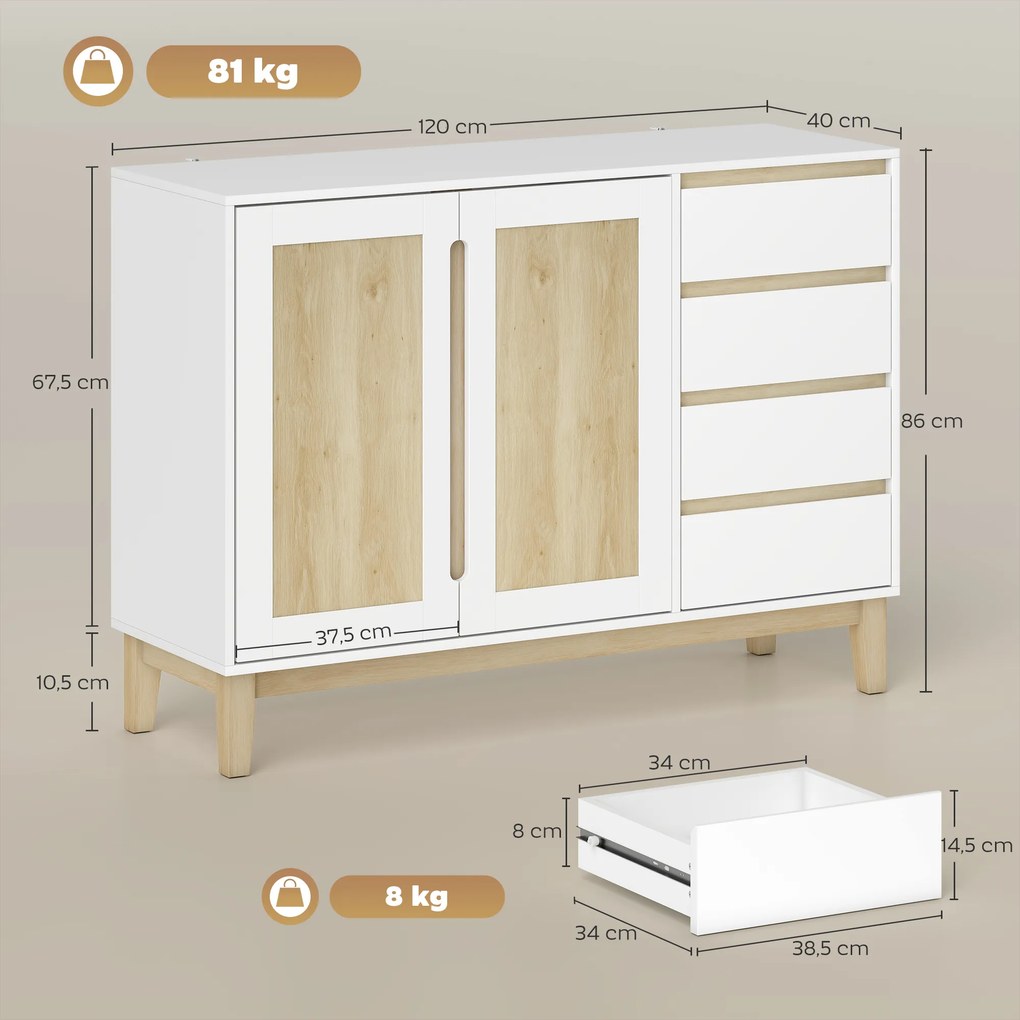 Aparador, móvel de arrumação com 2 portas e 4 gavetas, prateleira ajustável, 120 x 40 x 86 cm, branco e carvalho