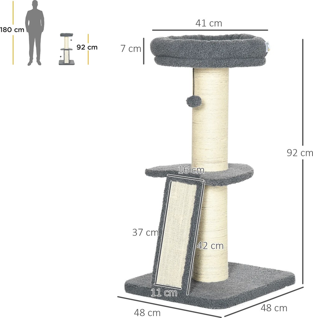 Árvore para gatos com arranhador em forma de tronco de sisal, bolas suspensas e plataforma de observação, altura 92 cm - cinzento