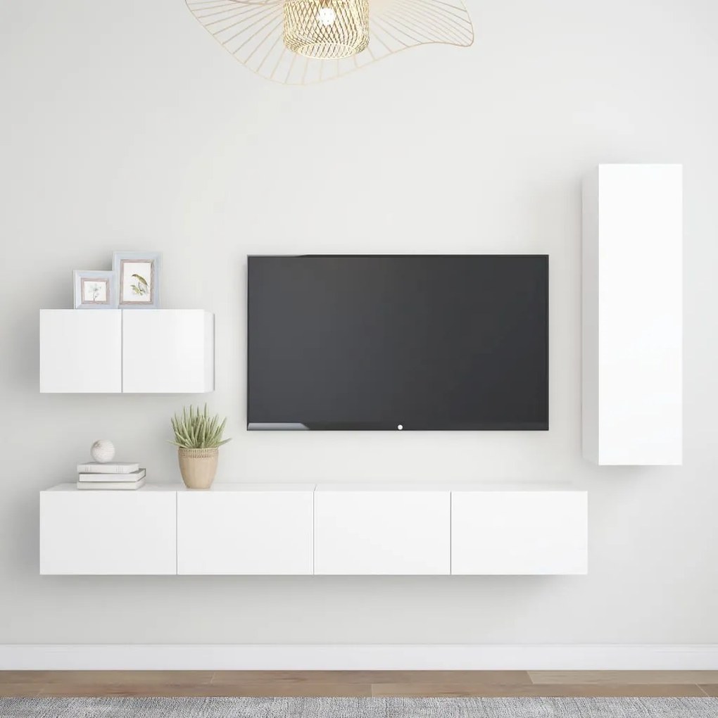 4 pcs conjunto de móveis de TV derivados de madeira branco