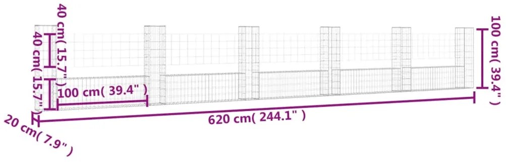 Cesto gabião em forma de U c/ 6 postes 620x20x100 cm ferro