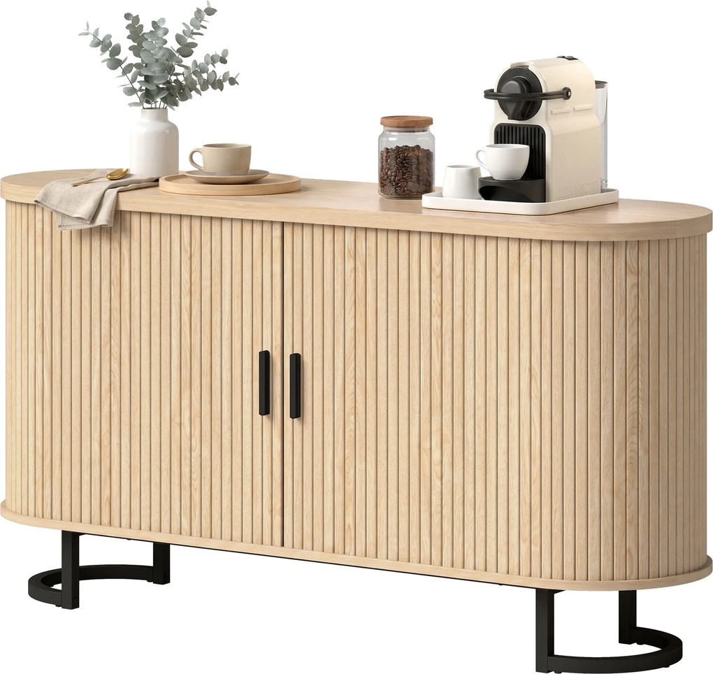 Aparador de sala, móvel de arrumação oval com 2 portas de correr e prateleiras ajustáveis, 140 x 40 x 75 cm, madeira natural