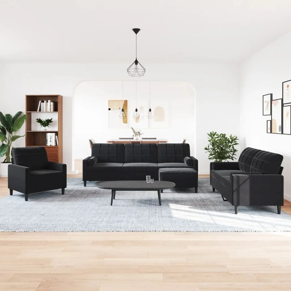 4 pcs conjunto de sofás com almofadões e rolos veludo preto