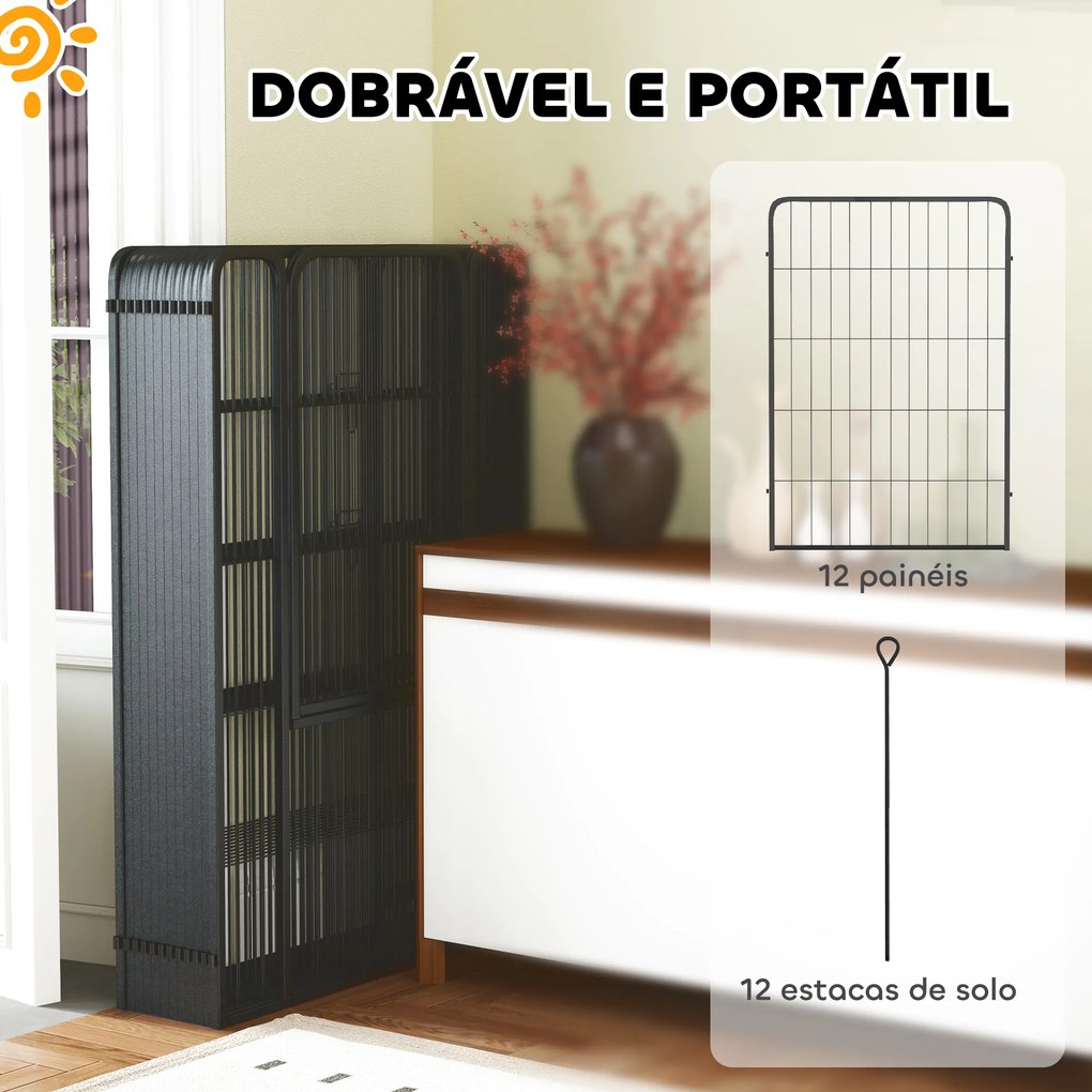 Parque para Cães de 12 Painéis 68x100 cm (CASOTA NÃO INCLUIDA) Parque Dobrável para Cães Médios com Portas Fecho e Estacas Preto